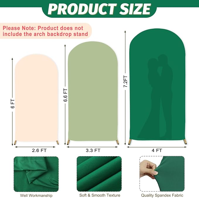 MODFUNS Set of 3 Arch Backdrop Cover 6&6.6&7.2ft Spandex Arch Cover Dark Green Biege Sage Backdrop Stand Covers Stretchy Arch Covers for Wedding Bridal Baby Shower Banquet Arch Supplies