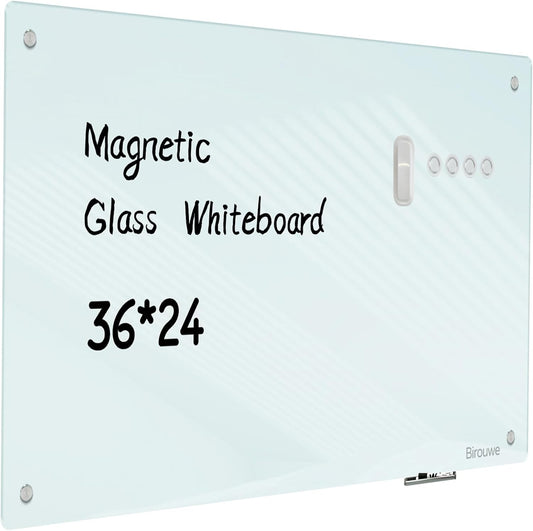 Magnetic Glass Whiteboard - Glass Dry Erase Board 36"x24" Large Frameless Glass Board for Walls Office School and Home