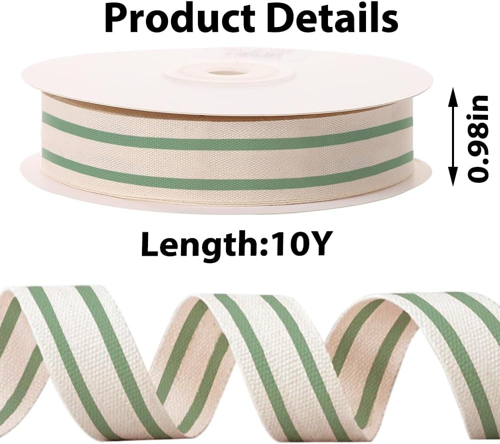10 Yards Green Natural Cotton Ribbon for Crafting Sewing, 1 Inch Double Sided Webbing Straps Ribbons for Gift Wrapping, Birthday Wedding Christmas Ribbons for Trees DIY Crafts Sewing