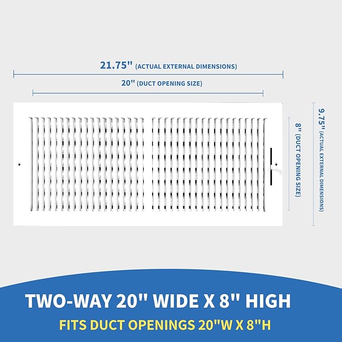20x8 Vent Register [Duct Opening], Vent Covers for Home Ceiling, Two-Way Ventilation Register, Adjustable Solid Steel Wall Register Vent Cover (20"W x8"H [Duct Opening])