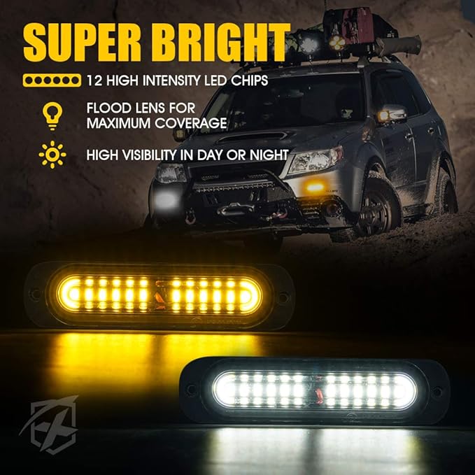 Xprite Amber/White LED Surface Mount Strobe Lights Kit, Grill Grille Side Marker Light Flashing Emergency Warning Light Assemblies w/Control Box for Trucks Vehicles ATV RV Cars Van - 4PCS