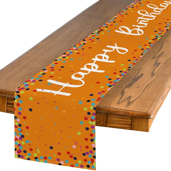 Artoid Mode Polka Dot Orange Happy Birthday Table Runner, Seasonal Fall Thanksgiving Kitchen Dining Table Decoration for Home Party Decor 13x72 Inch