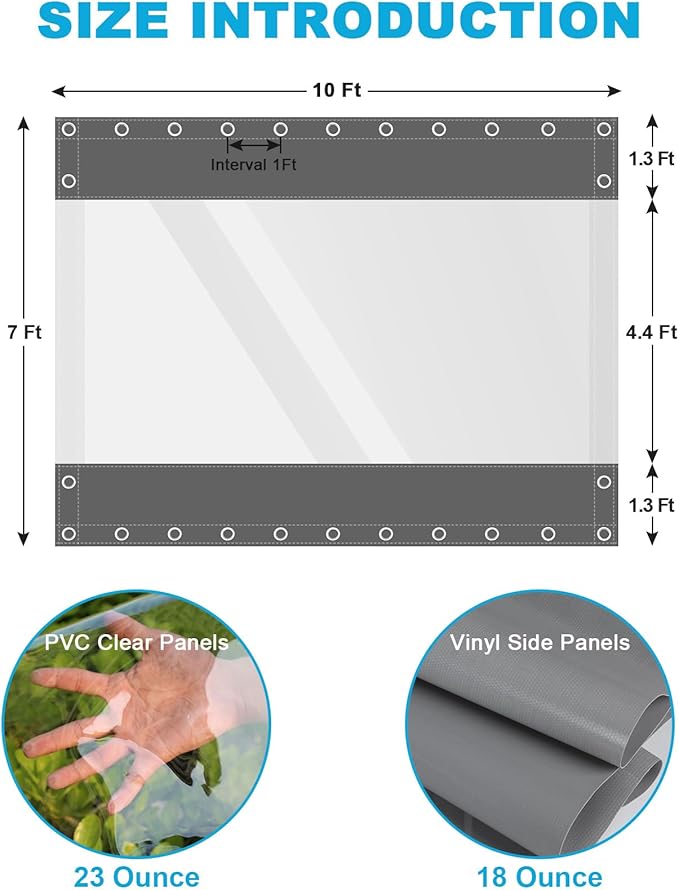 Clear Vinyl Curtains for Patio Enclosure, 23oz Heavy Duty Waterproof Anti-UV and Tear-Resistant Tarpaulin with Grommets, Weatherproof Panels for Porch, Pergola, Gazebo, Balcony, Outdoor