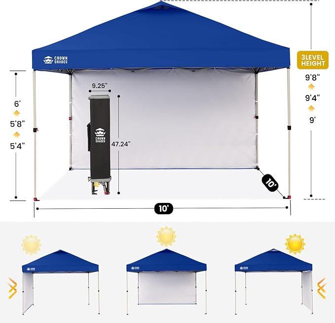 CROWN SHADES 10x10 Pop Up Canopy with 1 Side Wall - Beach Tent with One Push Setup - Outdoor Sun Shade for Events, Parties, Camping - Gazebo with STO-N-Go Cover Bag (Navy Blue)