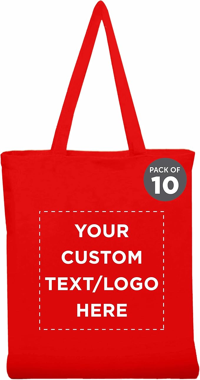 DISCOUNT PROMOS Custom Cotton Canvas Tote Bags Set of 10, Personalized Bulk Pack - Reusable, Great for Shopping, Grocery, Beach, Picnic, Wedding Favors - Red