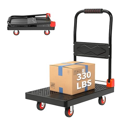 Push Cart Dolly - Foldable Heavy - Duty Flatbed Platform Cart with 360 - Degree Rotating Wheels for Moving in Food Truck and Trailer, Load Capacity 330 lbs, Black Red