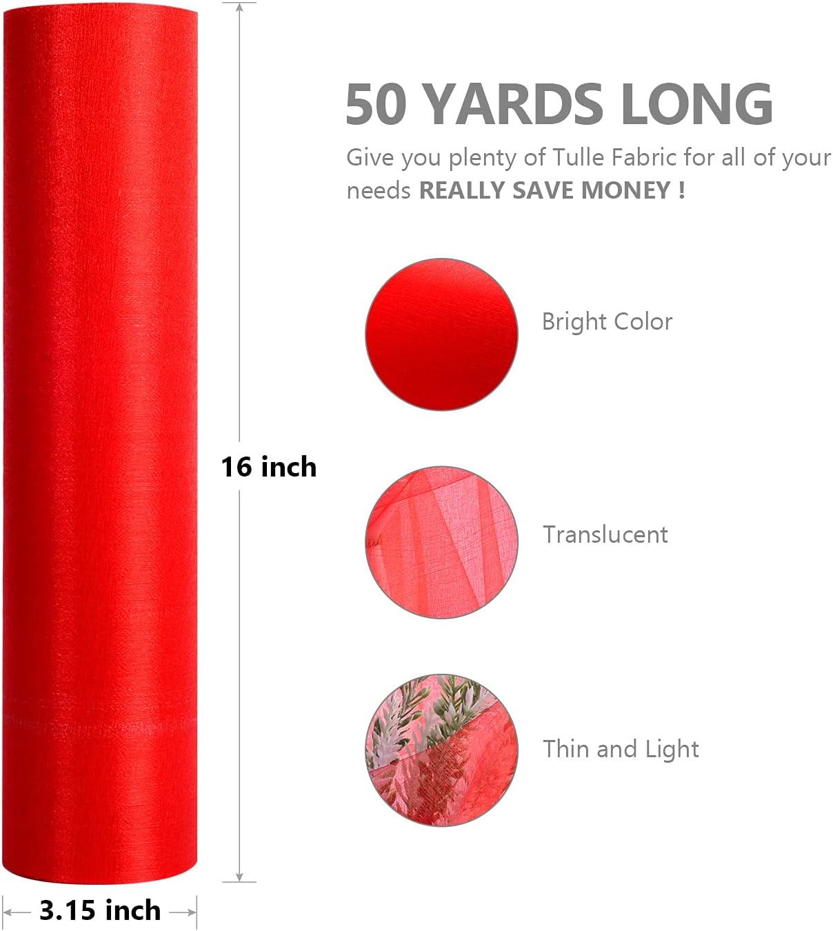 Crystal Organza Fabric Tulle - 16" by 50 Yards Sheer Fabric for Wedding Party Decoration Bridal Shower Tutu Roll Netting Spool Ribbon Wrapping (Red)