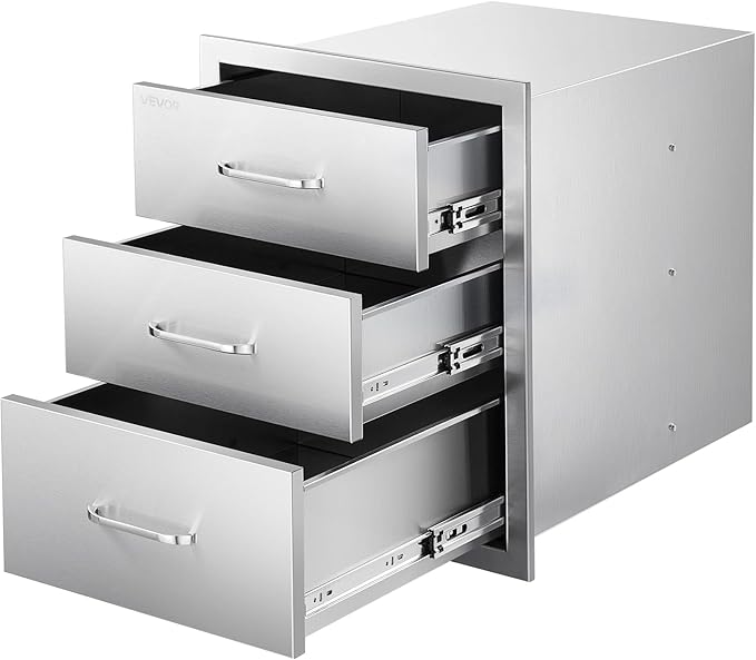 VEVOR Outdoor Kitchen Drawers 18.11" W x 23.23" D x 23.23" H, Triple-Access Stainless Steel BBQ Drawers with Handles, BBQ Island Drawer for Outdoor Kitchens or Barbeque Island Patio Grill Station