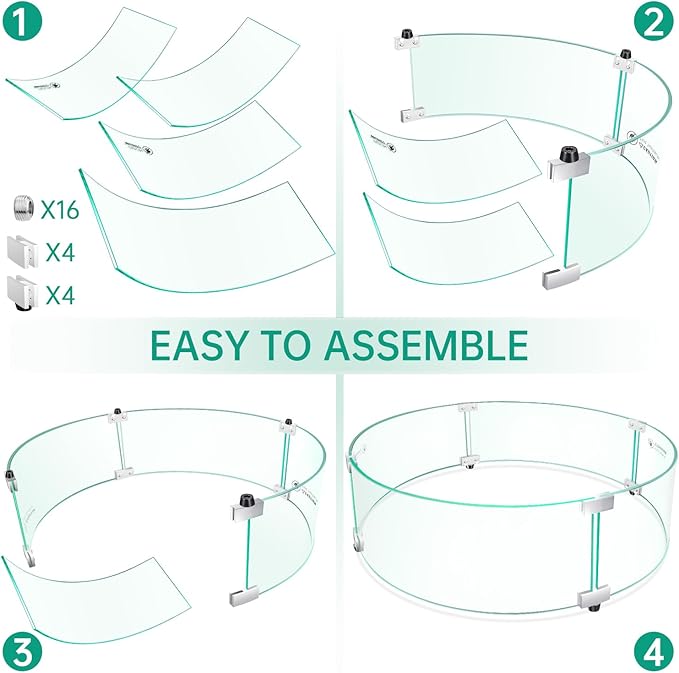 33" x 33" x 7" Round Fire Pit Wind Guard - Durable Fire Pit Glass Wind Guard with Aluminum Corner Brackets for Outdoor Firepit or Gas Fire Table, Easy Assembly
