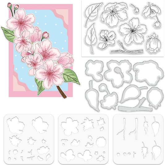 ORIGACH Realistic Peach Blossom Layering Stencils Set for Card Making, Flower Stencil Template Silicone Stamps and Die Sets for Scrapbooking DIY Crafting