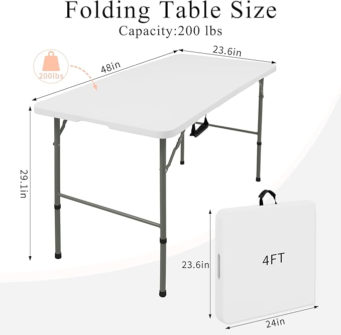 Folding Tables with Carrying Handle Lightweight Rectangular Portable Plastic Camping Table Steel Legs for Party, Dining, Wedding, Events, Picnic Indoor, Outdoor (1, White, 4 FT)