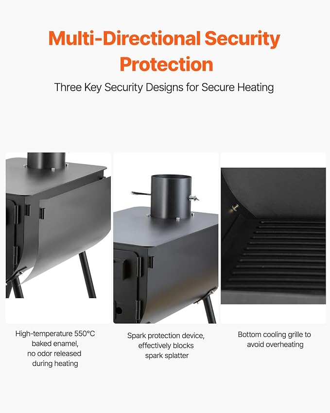 VEVOR 118" Camping Wood Stove, Portable Alloy Steel Tent Stove with 3000in³ Firebox, Outdoor Heating & Cooking Stove with Chimney Pipes & Gloves, Includes 8 Pipes for Efficient Heating