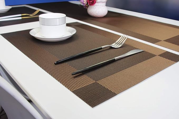 PIGCHCY Elegant Placemats with Matching Table Runner,Durable Cleaning Placemats for Dining Table Sets(6pcs Round Placemats+1pcs Table Runner, Chocolate Brown)
