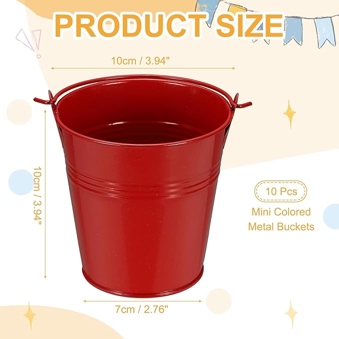 Small Metal Buckets, Mini Buckets with Handle Galvanized Colored Tin Pail Containers Basket Party Supplies - Fit for (Halloween - Classroom Crafts) 4" & 10Pcs & Red