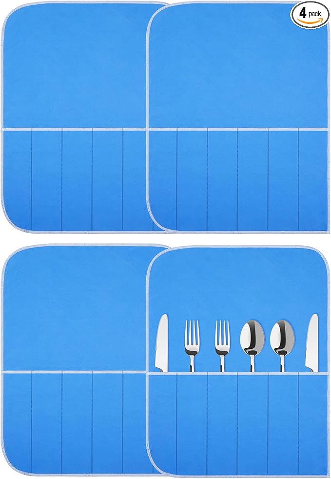 Weewooday Silver Storage Bags Anti Tarnish Silver Protector Bags Blue Holder for Silverware Flatware Storage Organizer Cloth Place Setting Roll with White Ribbon for Teaspoon Utensils(4 Pieces)