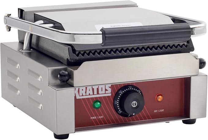 Kratos Commercial Electric Panini Sandwich Grill with Grooved Plates, 9" x 9" Cooking Surface, Commercial Countertop Panini Press, 120V, 1750W (29Y-017)