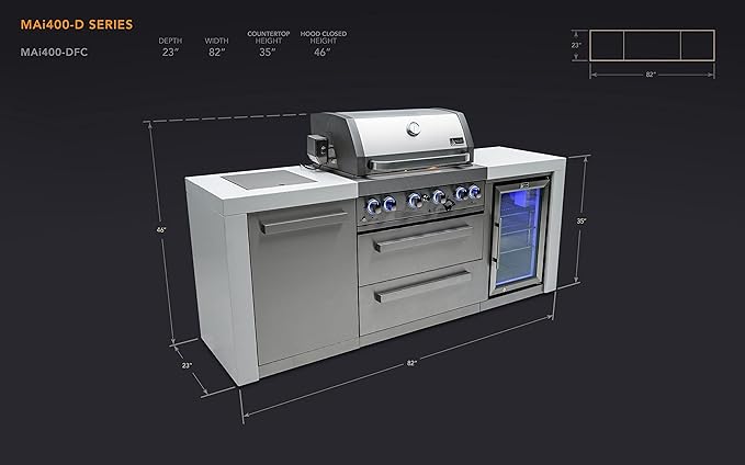 Mont Alpi MAi400-DFC 32-Inch 4-Burner 78000 BTU Deluxe Stainless Steel Gas Outdoor Kitchen Bar Barbecue Island Grill w/Infrared Side Burner + Wine Cooler Compact Refrigerator + Rotisserie Kit