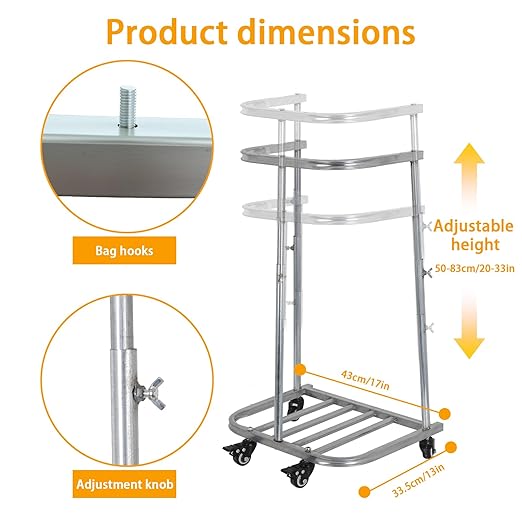 4-Wheel Trash Bag Holder, Outdoor Metal Leaf Bag Holder Stand, Garbage Bag Frame Holder, Mobile Trash Bag Holder, Adjustable Lift, Hand Welded Metal Stainless Steel Bag Support Column Frame