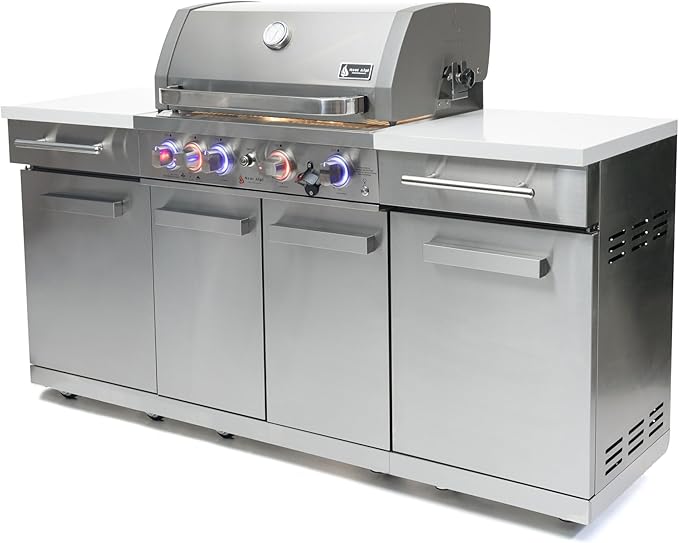 Mont Alpi MA-957RS Propane Natural Gas 5-Burner Compact Outdoor Kitchen Gas Barbecue Grill Island in Stainless Steel with Infrared Rear Burner + Storage Cabinets + Rotisserie Kit & Full Weather Cover