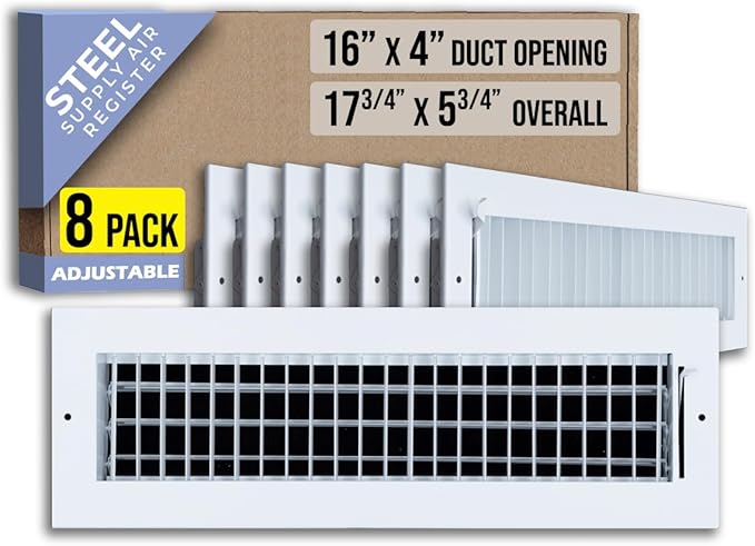 [8 Pack] Fits 16x4 Duct Opening Steel Adjustable Air Supply Grille by Handua | Register Vent Cover Grill for Sidewall and Ceiling | White | Out. Dim.: 17.75" X 5.75"