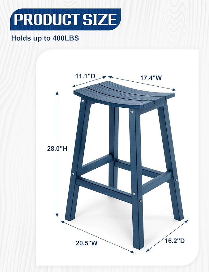 Weatherproof Bar Stools Set of 4, 28" Height Outdoor Bar Stools Holds up to 400 lbs, Saddle Seat, Bar Height Stools for Patio, Garden, and Kitchen Island, Blue