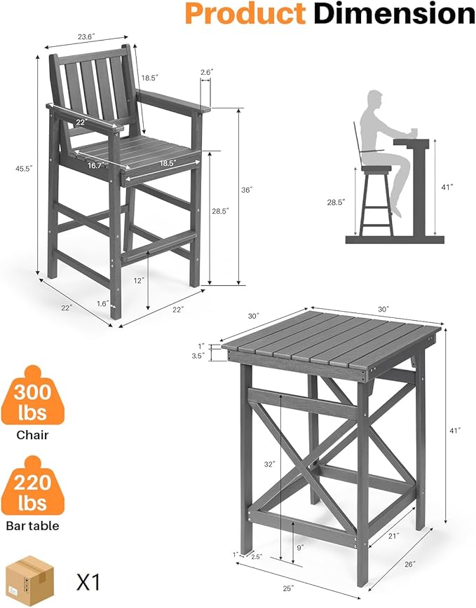 3-Piece Adirondack Chairs and Table Set, HDPE Patio Bar Sets, All Weather Outdoor Bar Stools Set, HDPE Adirondack Bar Height Chairs and Bar Table for Balcony, Pool, Porch, Smoke Gray