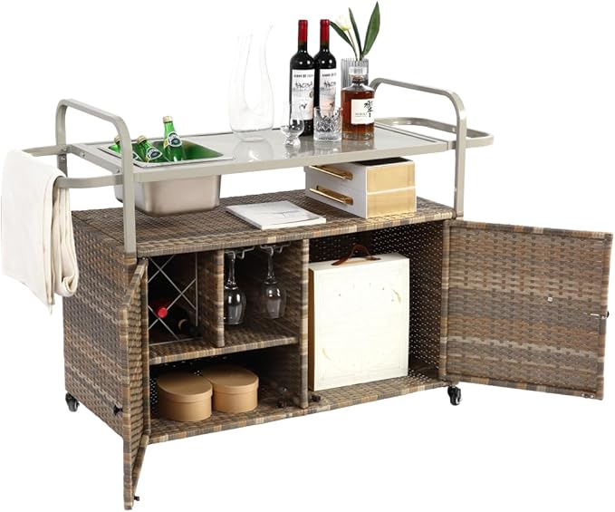 Outdoor Table, Wicker Cart with Cabinet, Patio Serving Cart with Steel Top, Lockable Wheels, Side Basket for Garden, Poolside & Backyard, Beige