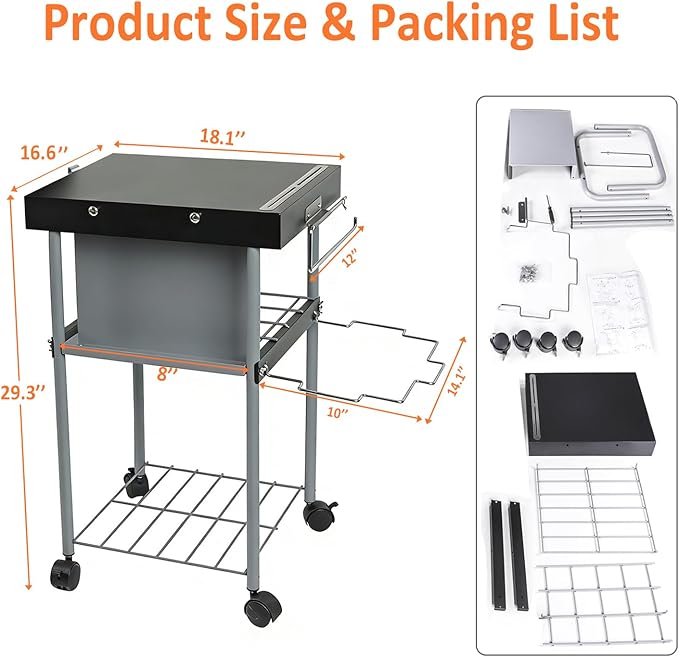 Grill Cart Table Accessories Outdoor Grilling Side Tables for 18"/22" Weber Charcoal Kettle Grills Rolling Prep Stand with Wheels Mesh Storage Racks Perfect for BBQ Camping Home Party