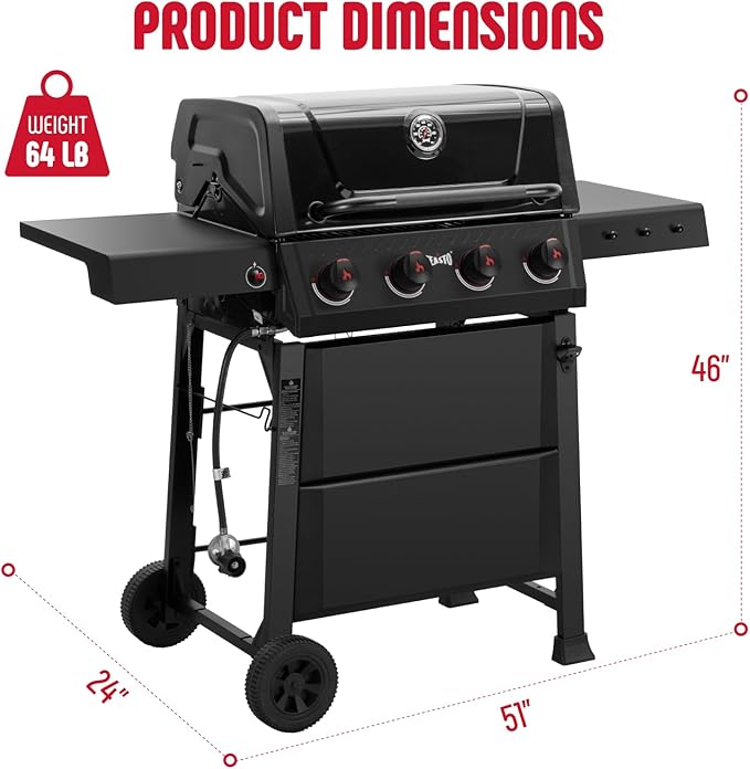 4-Burner Gas BBQ Grill with Side Table, 36,000 BTU Outdoor Propane Grill with Enameled Coated Chamber Body, Premium Porcelain-Enameled Grates for Backyard, Patio, Camping Barbecue, Black