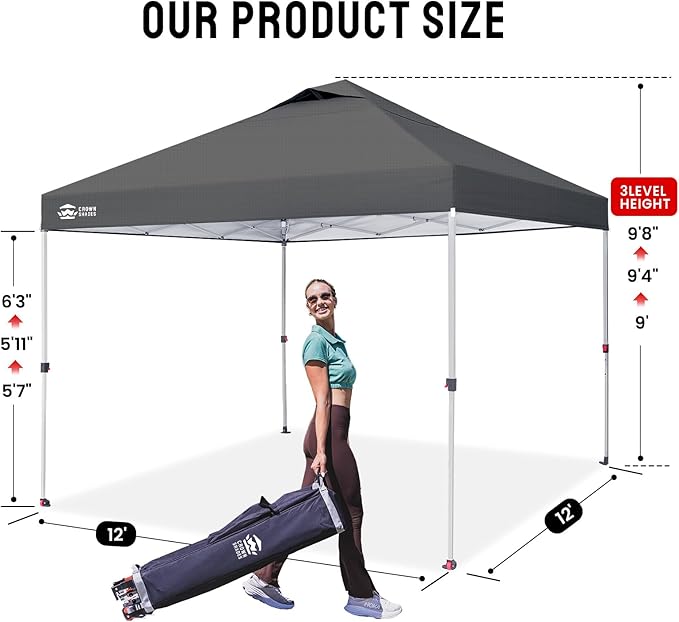 CROWN SHADES 12x12 Pop Up Canopy - Beach Tent with One Push Setup - Easy Outdoor Sun Shade Shelter for Events, Parties - Gazebo with STO-N-Go Cover Bag, Silver Coated Top, Grid Grey