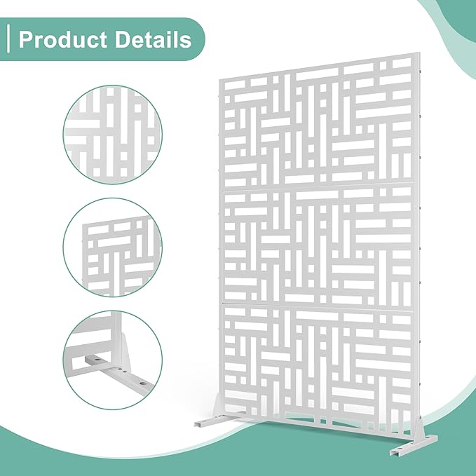 Metal Privacy Screen for Outdoor & Indoor Use, Free Standing Privacy Screen for Patio Garden Pool, 72" H x 47" W Decoative Privacy Panels, Weather Resistant, Easy Assembly (White Helen Street)