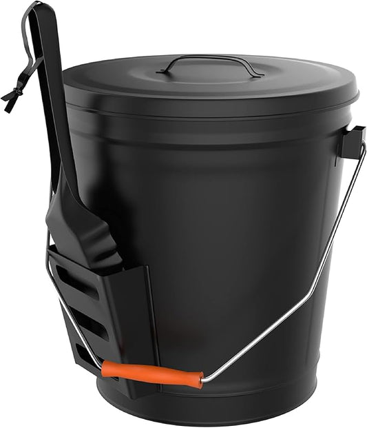 Ash Bucket - 4.75-Gallon Metal Bucket with Lid and Shovel for Fireplace or Firepit Ashes - Heat Resistant Fireplace Tools by Pure Garden (Black)