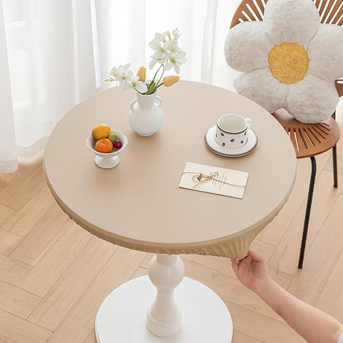 Round Fitted PU Tablecloth with High Elastic Edge 43 Inch Dia Waterproof Oil Proof Table Cloth Anti-Scald Stain-Resistant Wipeable Table Cover for Indoor Outdoor Picnic (Beige,43" Dia)