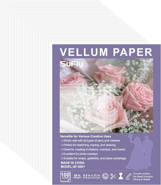 Vellum Paper 8.5 x 11 Translucent Printable, 100 Sheet（100gsm/68lb Vellum Tracing Paper, Translucent Vellum Paper for Invitation, Greeting Cards, Tracing Paper Pad for Drawing, Sketching, Writing