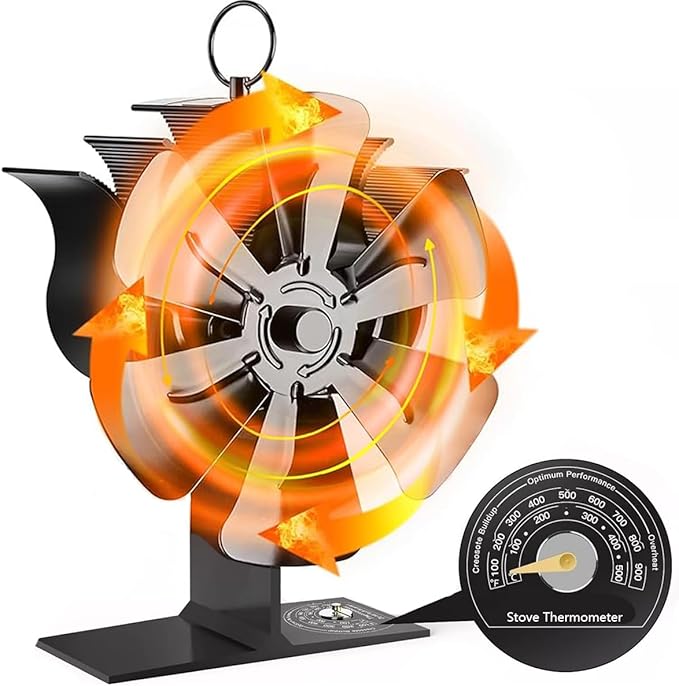 Wood Stove Fan Heat Powered, Newly Upgrade 6 Blade Wood Heater Fan, Comes with Built-in Thermometer, Non Electric Fireplace Fan for Wood/Log Burner