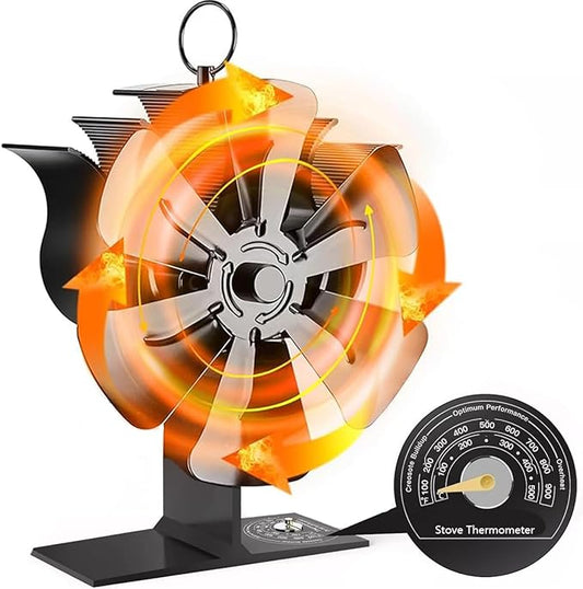 Wood Stove Fan Heat Powered, Newly Upgrade 6 Blade Wood Heater Fan, Comes with Built-in Thermometer, Non Electric Fireplace Fan for Wood/Log Burner