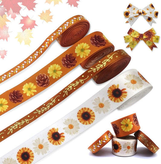 4 PCS Thanksgiving Fall Ribbons for Crafting, 3/8''Width and 4/5''Width Flowers Ribbons White Orange Satin Ribbon Metallic Leaves Craft Ribbons for Gift Wrapping Fall Decorations