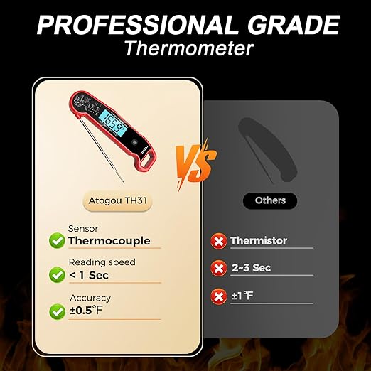 Atogou Professional Food & Meat Thermometer, 1 Sec Instant Read & ±0.5℉ Accuracy, Thermocouple Sensor, IP67 Waterproof Digital Thermometer for Cooking, BBQ, Grill Gifts for Men Him Dad Birthday