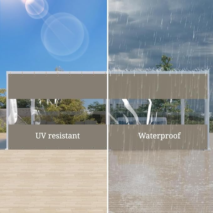 Covers & All Outdoor Clear Panel Curtain, 12 oz Vinyl Outdoor Curtains for Patio, Weather Resistant Waterproof Tarp with Brass Grommets for Pergola, Porch, Gazebos, Balcony (7'H x 8'W Feet, Beige)