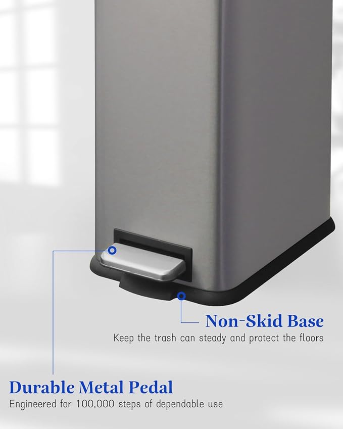 Trash Can, 2.6 Gallon Bathroom Trash Can with Lid, Stainless Steel Garbage Can with Removable Liner, 10 Liter Rectangle Step Trash Bin for Office, Bedroom, Living Room, Dorm, Kohler Grey