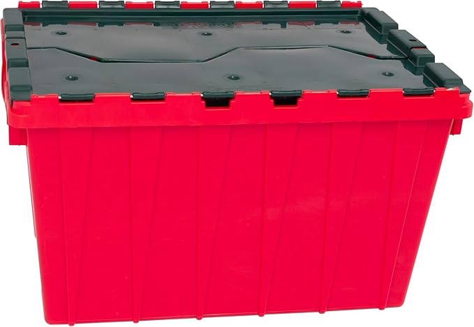 Akro-Mils KeepBox 12 Gallon Storage Container, Nesting and Stackable Plastic Storage Box with Lid Attached, Organizer Tote for Garages, Closets, and Moving, 21-1/2" x 15" x 12-1/2", Red/Green