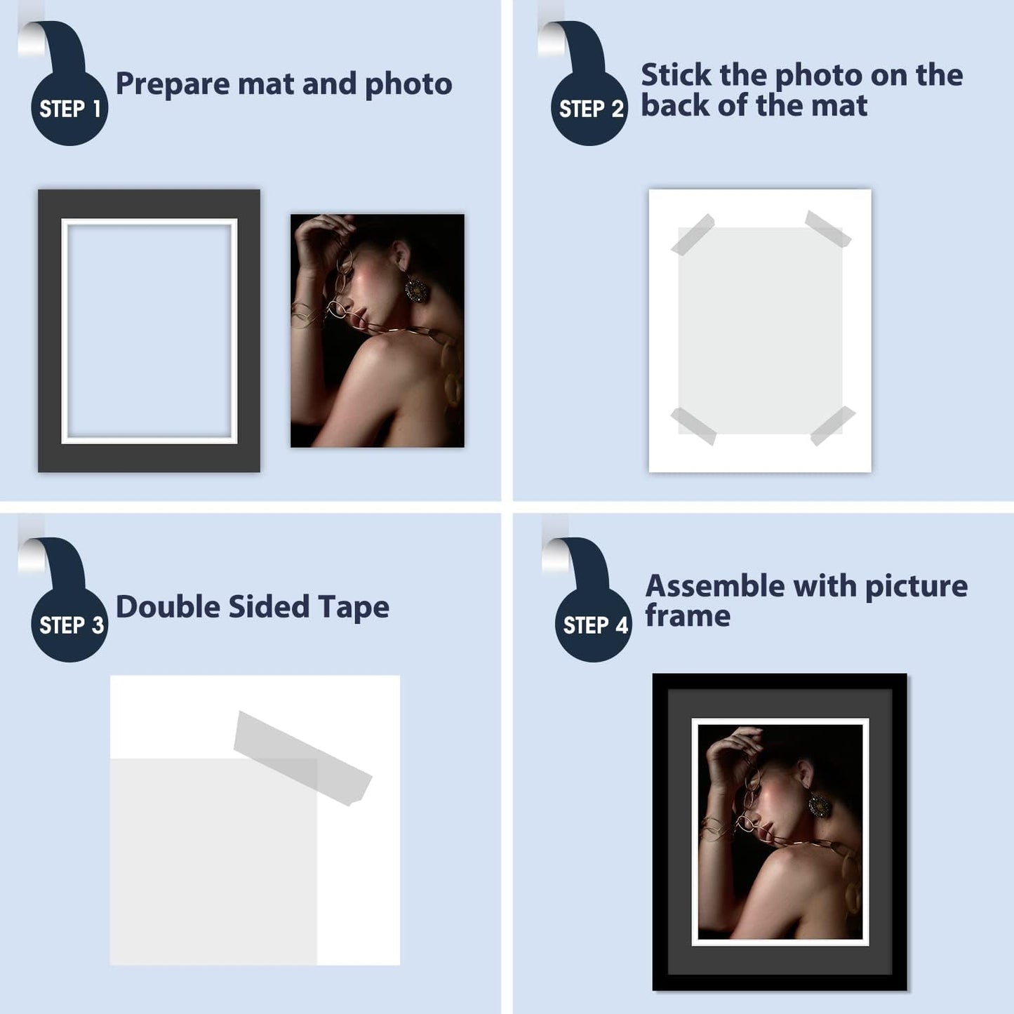 Mat Board Center, Double Mat - Acid Free, 8-ply Thickness, White Core - for Pictures, Photos, Framing (Black Over White, 11x14 for 8.5x11, Pack of 5)