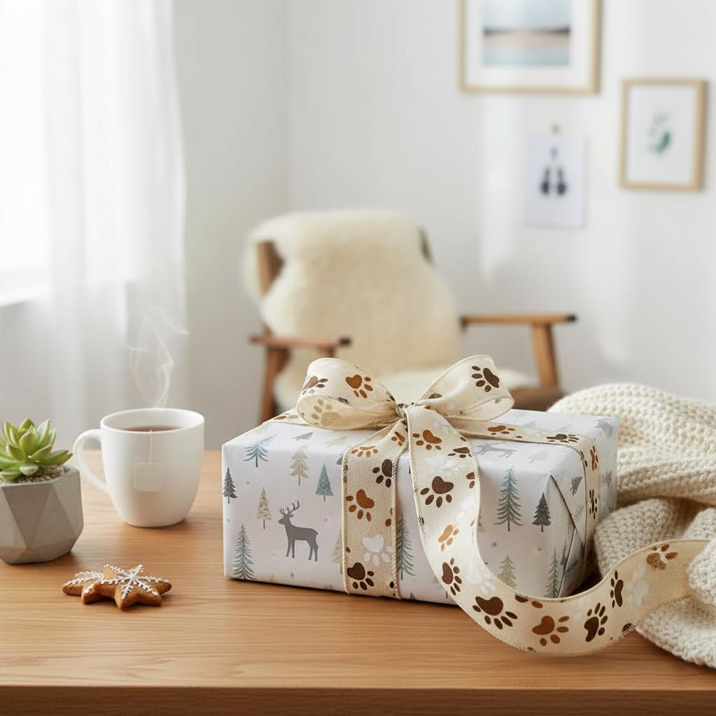 CT CRAFT LLC Ivory Canvas Dog Paw Wired Ribbon 1.5 Inch x 10 Yards for Christmas Home Decor Tree Topper Bow Gift Wrapping DIY Crafts Wreath Garland