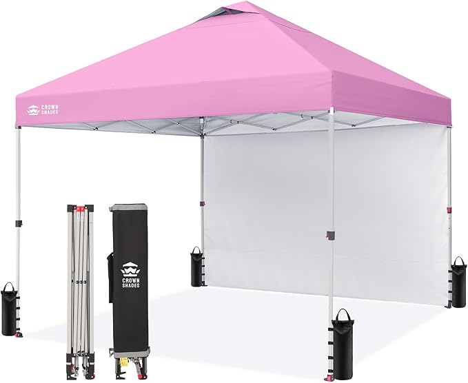 CROWN SHADES Canopy Tent, 10 x 10 Foot Portable Pop Up Outdoor Shelter with 1 Sidewall, Easy 1 Push Center Lock, UV Protection, and Carry Bag, Pink