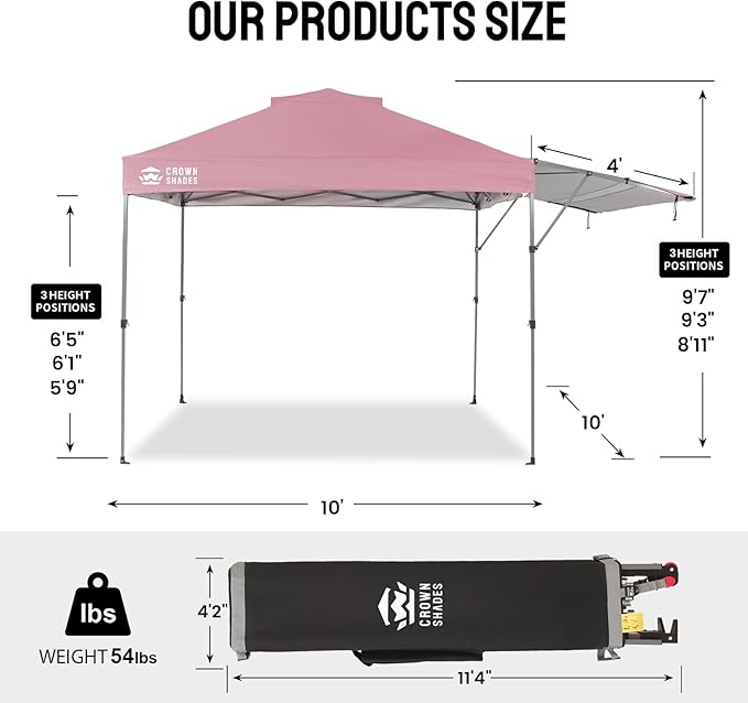 CROWN SHADES 10x10 Pop Up Canopy Tent with Patented Center Lock, Instant Commercial Canopy with Extendable Awning, 150D Silver Coated Fabric, 4 Weight Bags, Ropes, Stakes & STO ’N Go Wheeled Bag, Pink