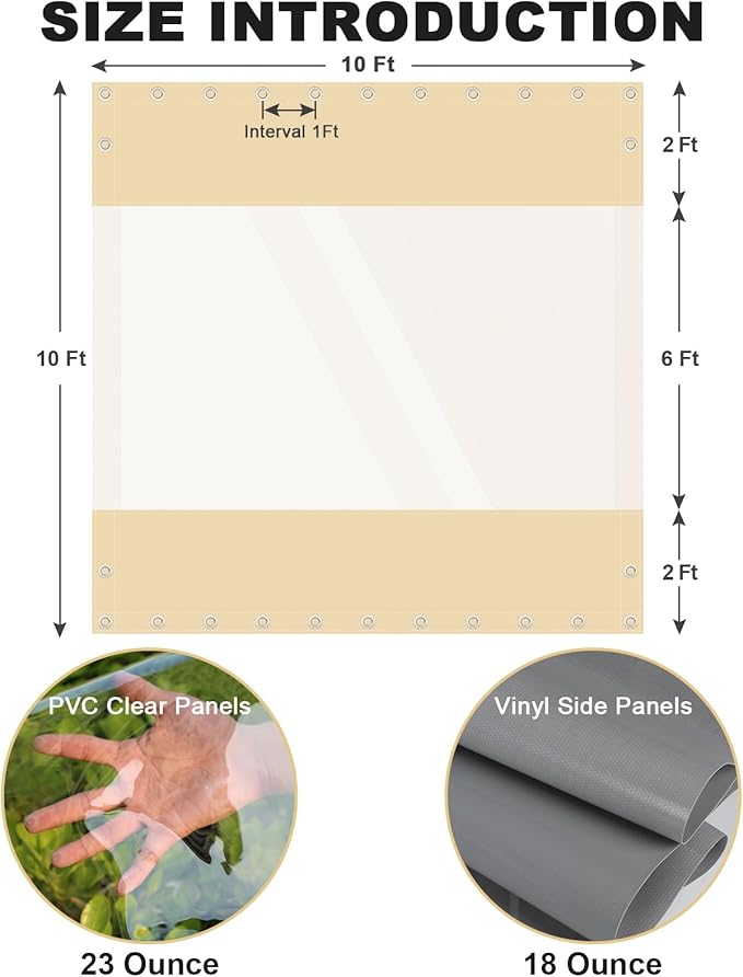 Clear Vinyl Curtains for Patio Enclosure, 23oz Heavy Duty Waterproof Anti-UV and Tear-Resistant Tarpaulin with Grommets, Weatherproof Panels for Porch, Pergola, Gazebo, Balcony, Outdoor