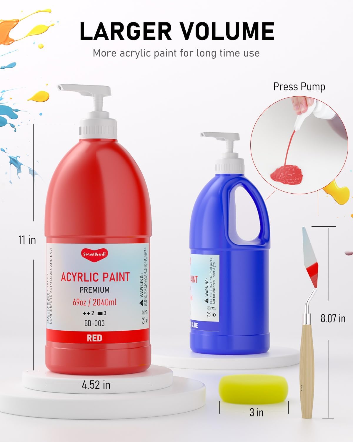 6 Colors Large Acrylic Paint Set (69 oz,2040 ml) Art Painting Bulk Supplies for Multi Surface Canvas Wood Leather Fabric Rock Craft, Non Toxic Paint for Kid & Adult with Pump