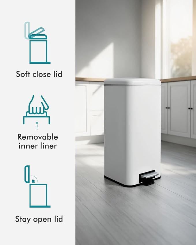 8 Gallon Trash Can with Lid, White Kitchen Trash Can with Soft Close, InnerBucket & Steel Pedal, Stainless Steel Garbage Can for Kitchen, Laundry Room, Office, Bathroom, Dorm, 30 Liters