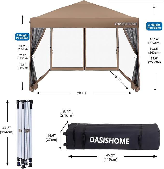 OASISHOME Pop-up Gazebo Instant Portable Canopy Tent 10'x10', with 2 Styles Sidewalls,Netting, Windows, Wheeled Bag, for Patio/Outdoor/Wedding Parties and Events