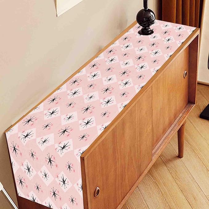 Pink Table Runner, Retro Mid Century 1950s Checkered Modern Abstract Geometric Coffee Table Center Decor for Home Kitchen Dining Patio Holiday Party Indoor Outdoor Table Decorations, 13"x36" Inch